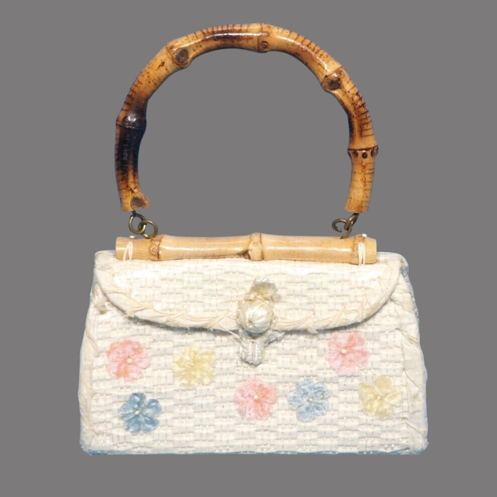 VTG GIRL'S PURSE BAG Easter Church PLASTIC COVERED STRAW Bamboo Handle FLOWERS